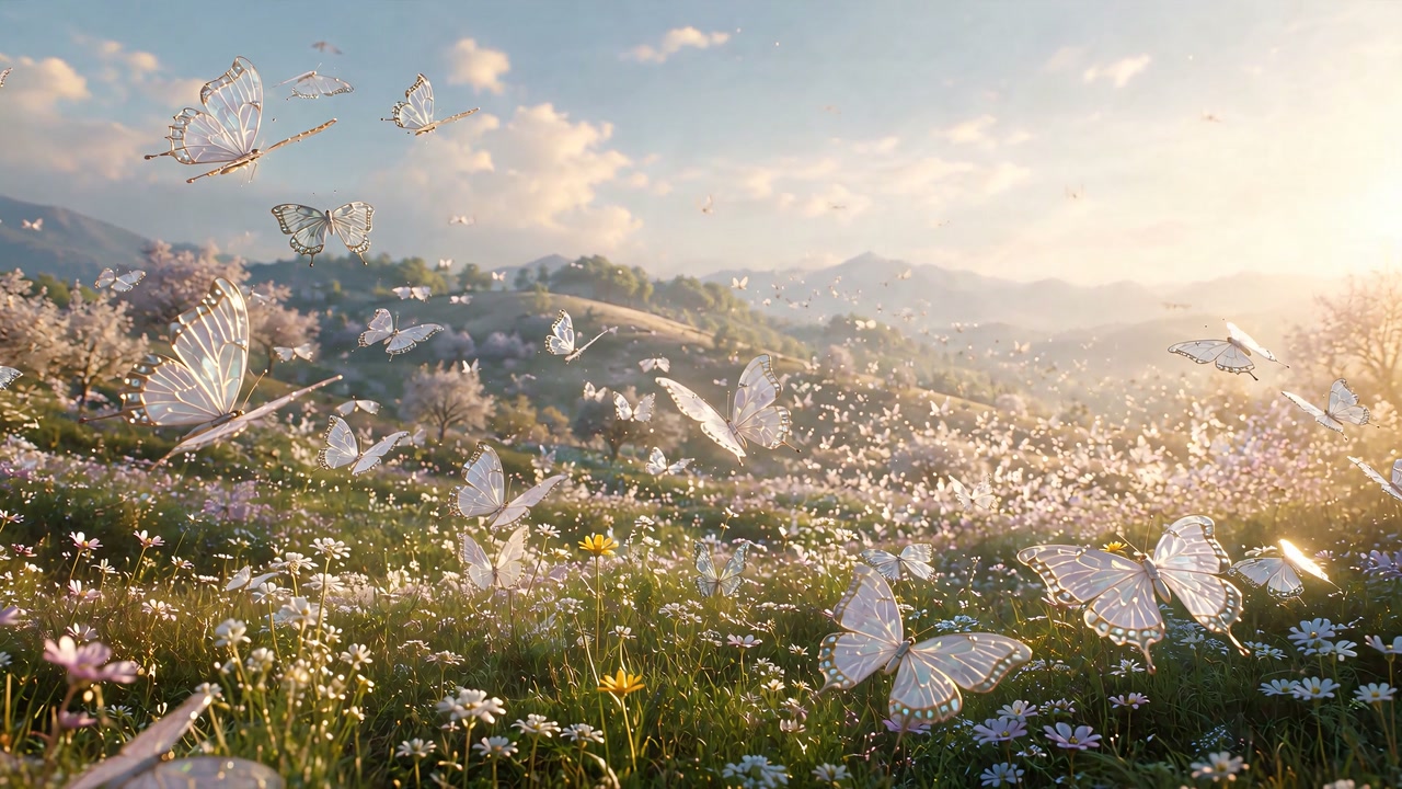 Translucent butterflies in the sunlit meadow of Carried by Air, an Attune music world